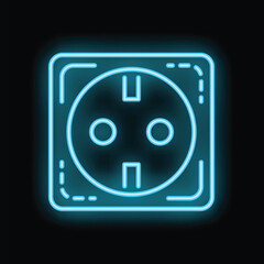 Poster - Neon blue european electrical socket is glowing brightly against a dark background