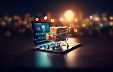 Poster - A small shopping cart with a cardboard box sits on a laptop keyboard against a blurred background of city lights.