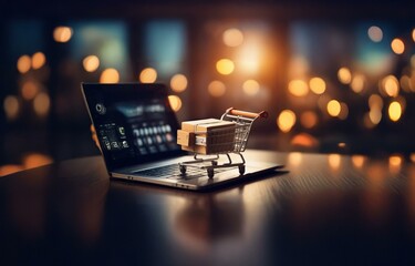 Poster - A miniature shopping cart with a cardboard box sits on a laptop keyboard in front of a blurred background of warm lights.