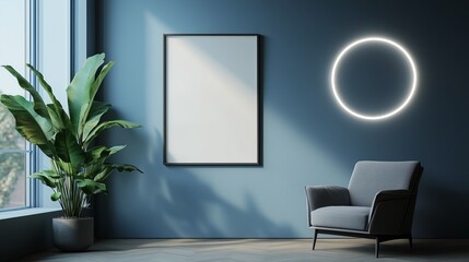 Wall Mural - An empty vertical frame mockup on the wall of a modern living room