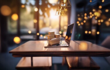 Poster - A laptop sits on a wooden table with a shopping cart containing cardboard boxes. The background is a blurry image of a window and lights.