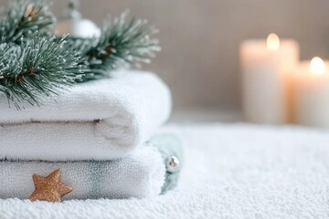 Fresh white towels with fir branch, candles and Christmas decorations. Wellness and wellbeing. SPA massage or beauty salon, relaxation and self care in Christmas or New Year variant. Copy space.