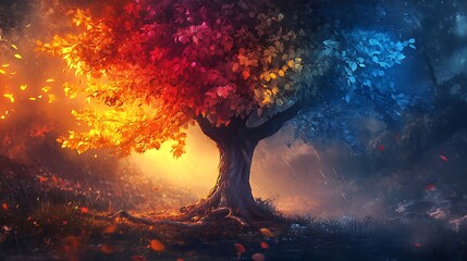 Wall Mural - A tree with vibrant leaves, half orange and red and half blue, symbolizing the changing seasons in a mystical forest.