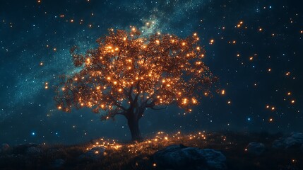 Wall Mural - a lone tree with glowing lights stands against a backdrop of a starry night sky.