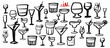 © HS - Isolated vector set of wine and alcoholic beverage glasses and tumblers. Hand drawn sketch.Red and black drawing on white background.Cocktails, martini, whiskey, cognac, vodka, gin tonic, beer, brandy