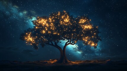 Wall Mural - a silhouetted tree with glowing lights on its branches stands against a backdrop of a starry night s