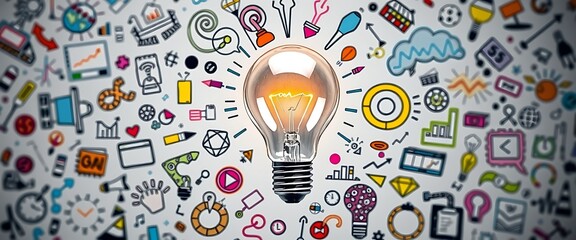 Poster - A light bulb surrounded by colorful doodles representing ideas and innovation, with an abstract background showing business icons like graphs or office elements.	
