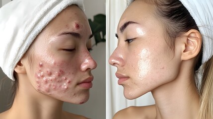 Before-and-after skin treatment  left shows active acne with cysts and blackheads, right shows glowing, poreless skin with a healthy complexion