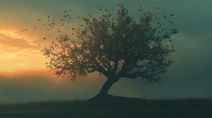 Wall Mural - a single tree stands tall against a backdrop of a hazy sunset with leaves blowing in the wind.