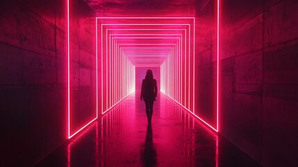 Wall Mural - A woman walks through a glowing pink neon tunnel, the light reflecting off the wet floor.