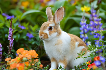 A small rabbit sitting in a field of flowers