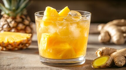 Sticker - Refreshing iced pineapple and ginger drink in a glass.