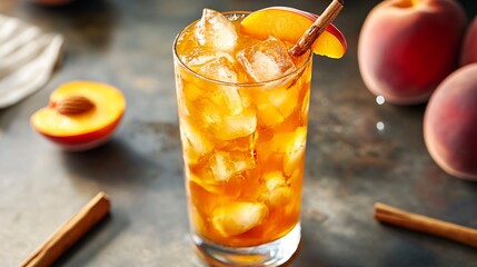 Poster - Refreshing iced tea with a peach slice and cinnamon stick, perfect for a hot summer day.