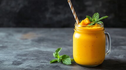 Refreshing mango smoothie in a glass jar with a straw and fresh mint leaves.