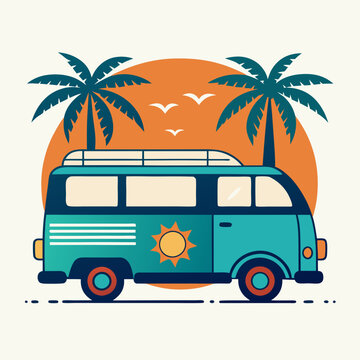 Summer vacation on tropical resort cartoon vector illustration , Travel by car on summer holiday , Vintage 1970s Surf Culture Design with Surf Van Palm Trees and Sunny Beach 