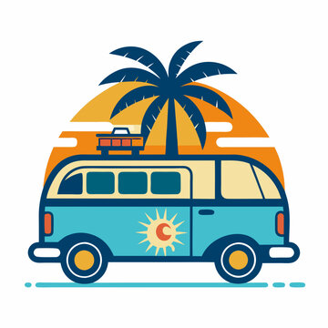 Summer vacation on tropical resort cartoon vector illustration , Travel by car on summer holiday , Vintage 1970s Surf Culture Design with Surf Van Palm Trees and Sunny Beach 