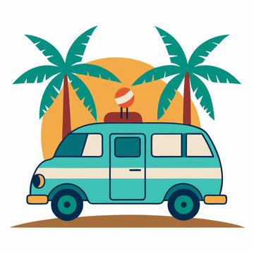 Summer vacation on tropical resort cartoon vector illustration , Travel by car on summer holiday , Vintage 1970s Surf Culture Design with Surf Van Palm Trees and Sunny Beach 