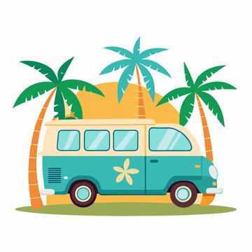 Summer vacation on tropical resort cartoon vector illustration , Travel by car on summer holiday , Vintage 1970s Surf Culture Design with Surf Van Palm Trees and Sunny Beach 