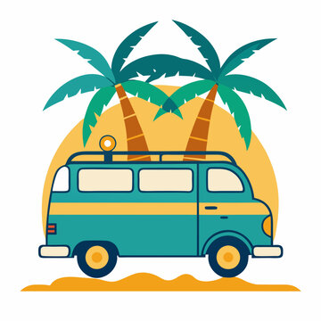 Summer vacation on tropical resort cartoon vector illustration , Travel by car on summer holiday , Vintage 1970s Surf Culture Design with Surf Van Palm Trees and Sunny Beach 