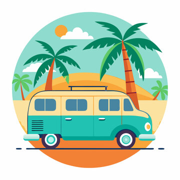 Summer vacation on tropical resort cartoon vector illustration , Travel by car on summer holiday , Vintage 1970s Surf Culture Design with Surf Van Palm Trees and Sunny Beach 