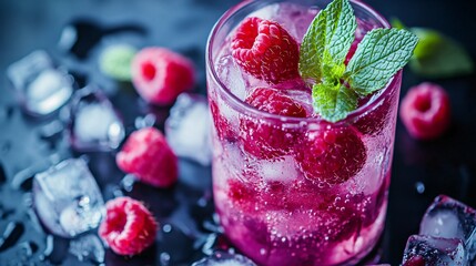 Wall Mural - Refreshing Raspberry Drink with Mint and Ice.