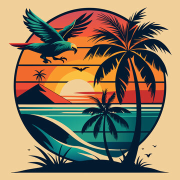 Summer vacation on tropical resort cartoon vector illustration , Travel by car on summer holiday , Vintage 1970s Surf Culture Design with Surf Van Palm Trees and Sunny Beach 