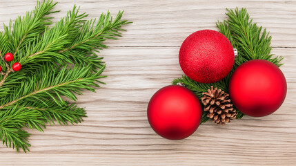 Vibrant red ornaments and natural pine needles create a cheerful holiday display on a rustic wooden table, evoking the joy of Christmas preparations. Generative AI