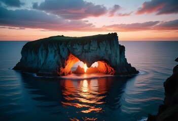 A rocky cave opening with a view of a distant island or rock formation in the ocean at sunset, with the sky reflecting in the calm waters below