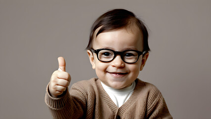 A doll holding a thumbs up to express praise, wearing glasses on a solid color background