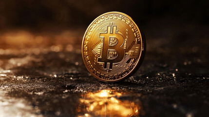 Poster - A shiny gold Bitcoin coin stands out against a dark background. It represents the idea of cryptocurrency, which uses blockchain technology.