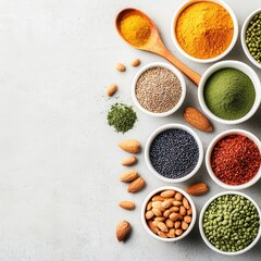 A vibrant display of spices and nuts arranged in bowls, perfect for cooking enthusiasts and health-conscious individuals looking to enhance their culinary creations.