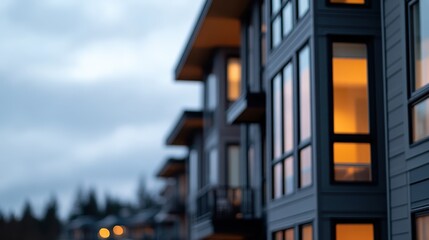 Several contemporary apartment buildings are shown, each glowing with warm light from within as the evening sets in, evoking a sense of modern living and urban comfort.