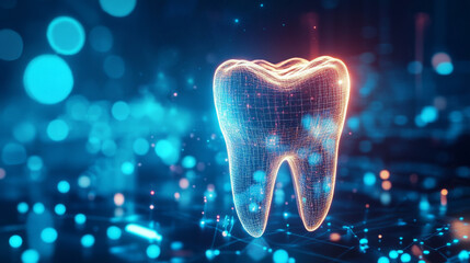 Poster - A glowing, holographic tooth shines brightly, representing the future of dental care. This image highlights the use of technology in modern dentistry.