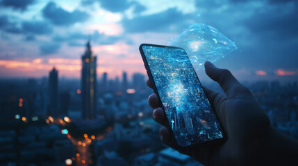 Poster - A man's hand holds a phone against a city backdrop, with a 5G hologram floating nearby. This image represents the idea of super-fast mobile internet with 5G technology.