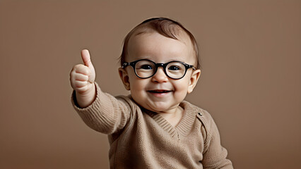 A doll holding a thumbs up to express praise, wearing glasses on a solid color background