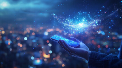 Poster - A man's hand holds a phone against a city backdrop, with a 5G hologram floating nearby. This image represents the idea of super-fast mobile internet with 5G technology.
