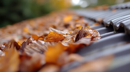 A detailed close-up shot capturing vibrant autumn leaves scattered over a corrugated metal roof, showcasing the beauty of the fall season in an urban setting.