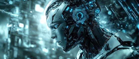 Poster - A futuristic robot with intricate circuitry and glowing elements, set in a digital environment.