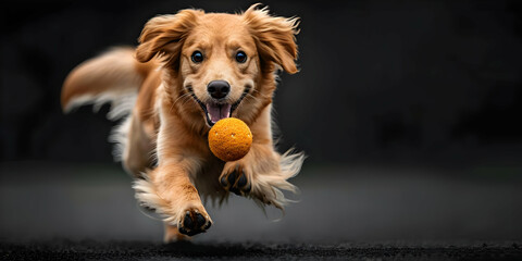 Golden Retriever Fetching a Ball with a Black Background and Copy Space