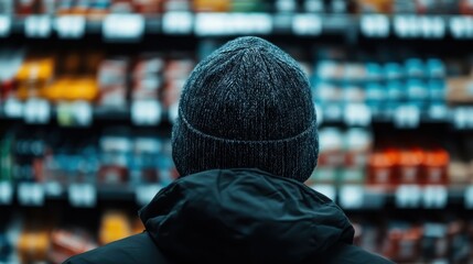 A person in a gray beanie and a dark jacket is shopping in a grocery store aisle, surrounded by shelves stocked with a variety of colorful and packaged food products.