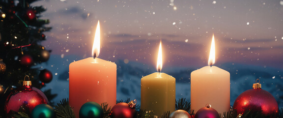 Wall Mural - Three Christmas Candles Burning Bright Against Wintery Mountain Landscape