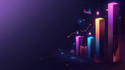 Poster - A 3D bar chart with each bar representing different market sectors, set against a dark gradient background, with arrows and icons indicating growth trends.
