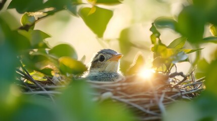 A baby bird peeking out from the edge of a nest, with sunlight illuminating its feathers and a gentle breeze rustling the leaves around it