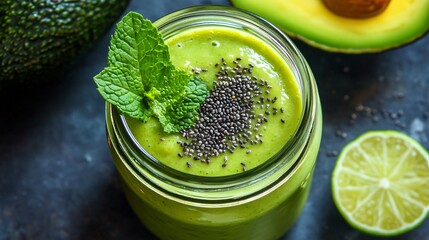 Sticker - Top view of green smoothie with chia seeds and mint.