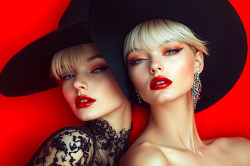 Poster - Two women wearing black hats and red lipstick