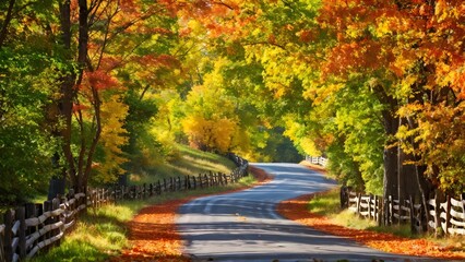 Serene rural road in vibrant autumn colors, tranquil nature scene, autumn season wallpaper