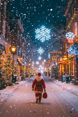 A person in a santa claus outfit walking down a snowy street at night