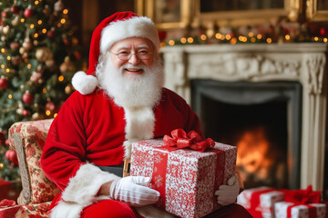 Sticker - A man in a santa claus suit sitting in front of a fireplace holding a present