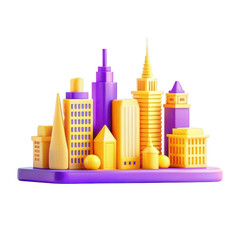 Poster - A vibrant 3D model of a city skyline featuring various shapes and colors in yellow and purple, perfect for creative projects.