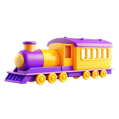 Poster - A vibrant 3D render of a toy train, featuring purple and yellow colors. Ideal for children's playtime and educational themes.